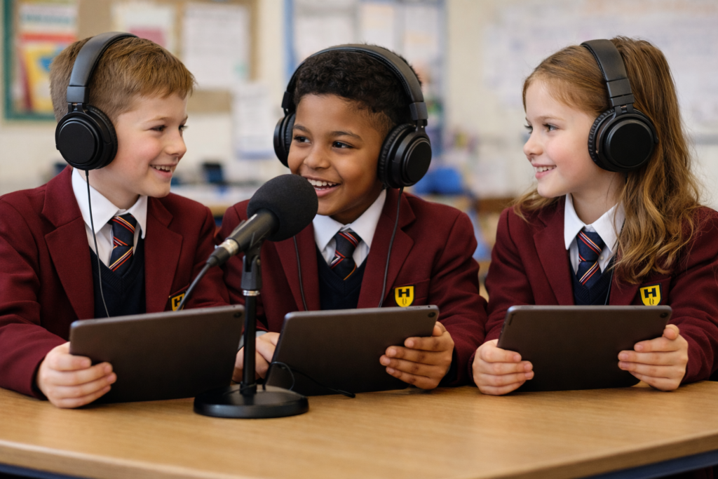 Children enjoying oracy recording with a microphone and using an iPads