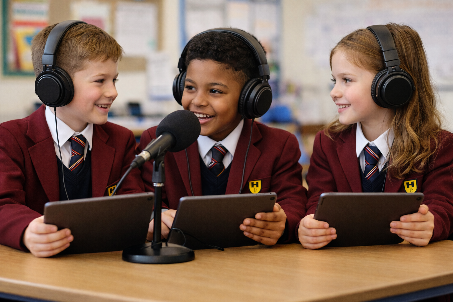Children enjoying oracy recording with a microphone and using an iPads
